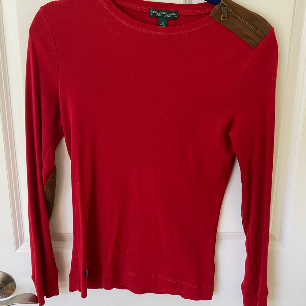 Lauren Jeans Company red Woman’s suede embellished long sleeve pullover.